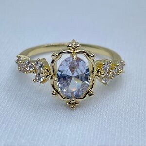 Oval Diamond White CZ Halo Ring Gold Vintage Floral Engagement Style Dainty Ring